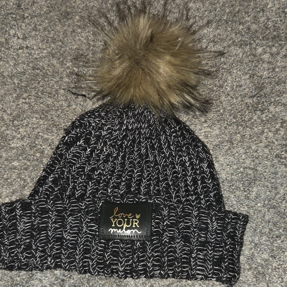 Love Your Melon Black and Brown Faux Fur Pom-Pom Beanie